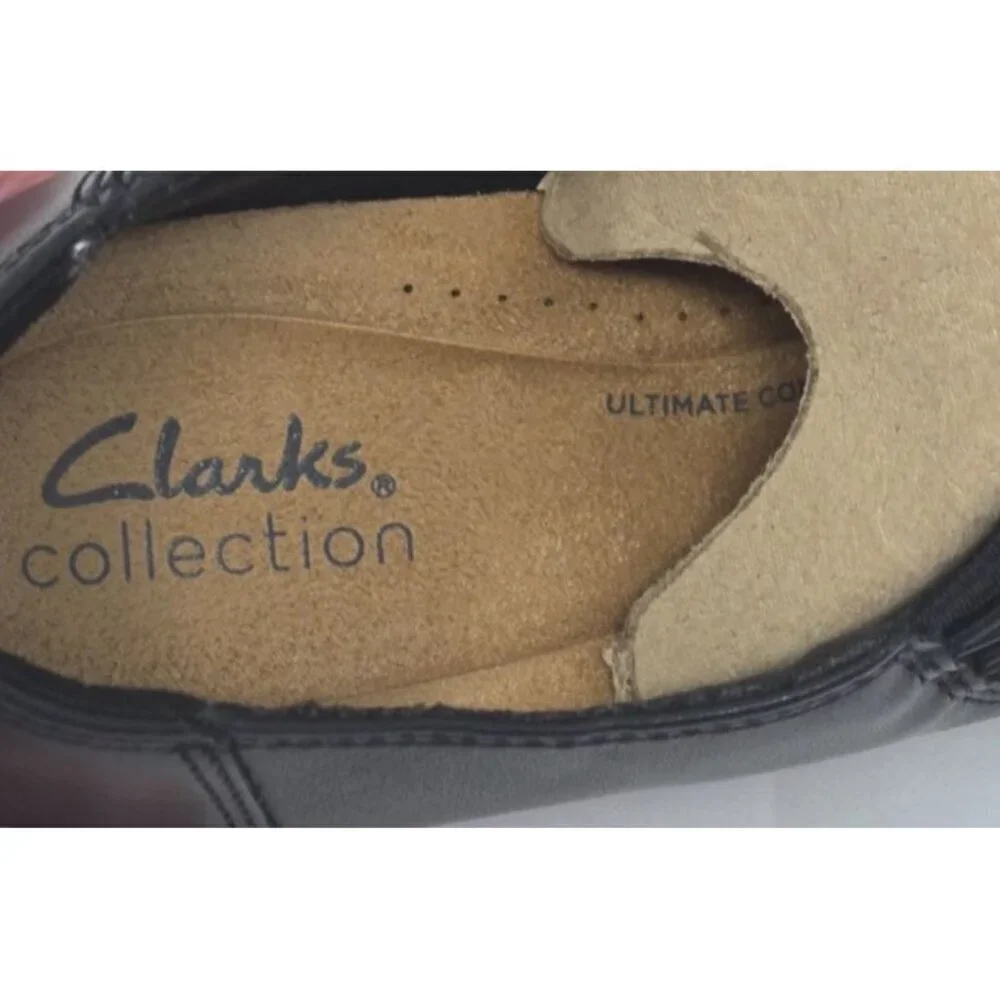 CLARKS Women's Emslie Warren black Leather Shoe Block Heel Side Zip size 8M